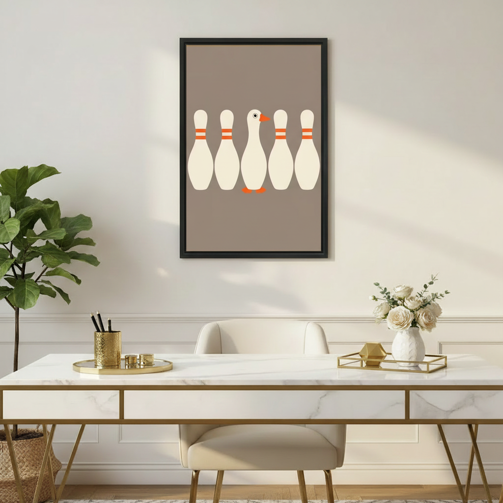 Funny duck among bowling pins odd one out minimalist wall art print in black frame above marble gold-leg desk with white roses and gold stationery in elegant home office