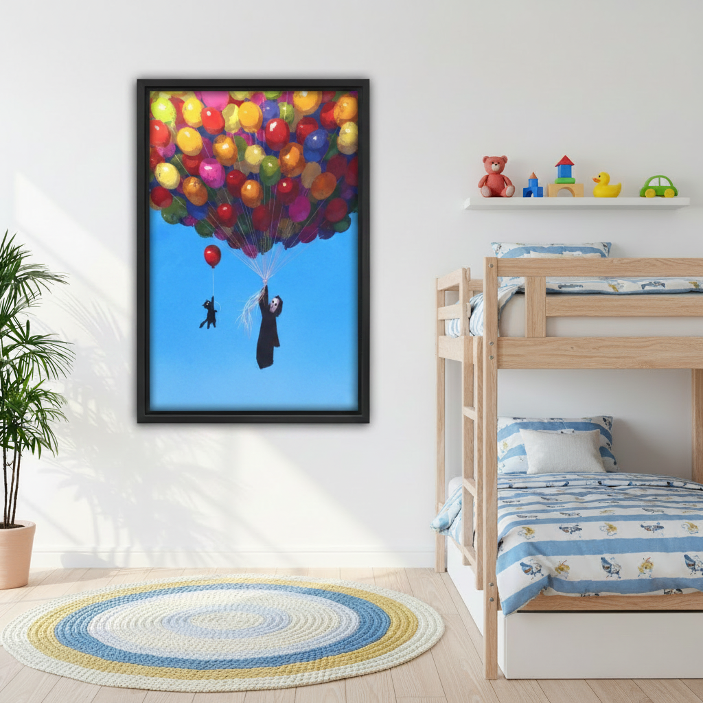  Funny grim reaper and black cat colorful balloon framed art print, black frame, vibrant oil painting blue sky, hung above a grey linen sofa in a bright Scandinavian living room with indoor plant