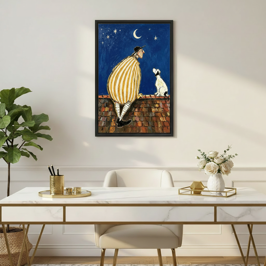 Nostalgic man and dog rooftop moonlit starry night oil painting wall art print in black frame above white marble gold desk with white rose vase and gold accessories in elegant home office