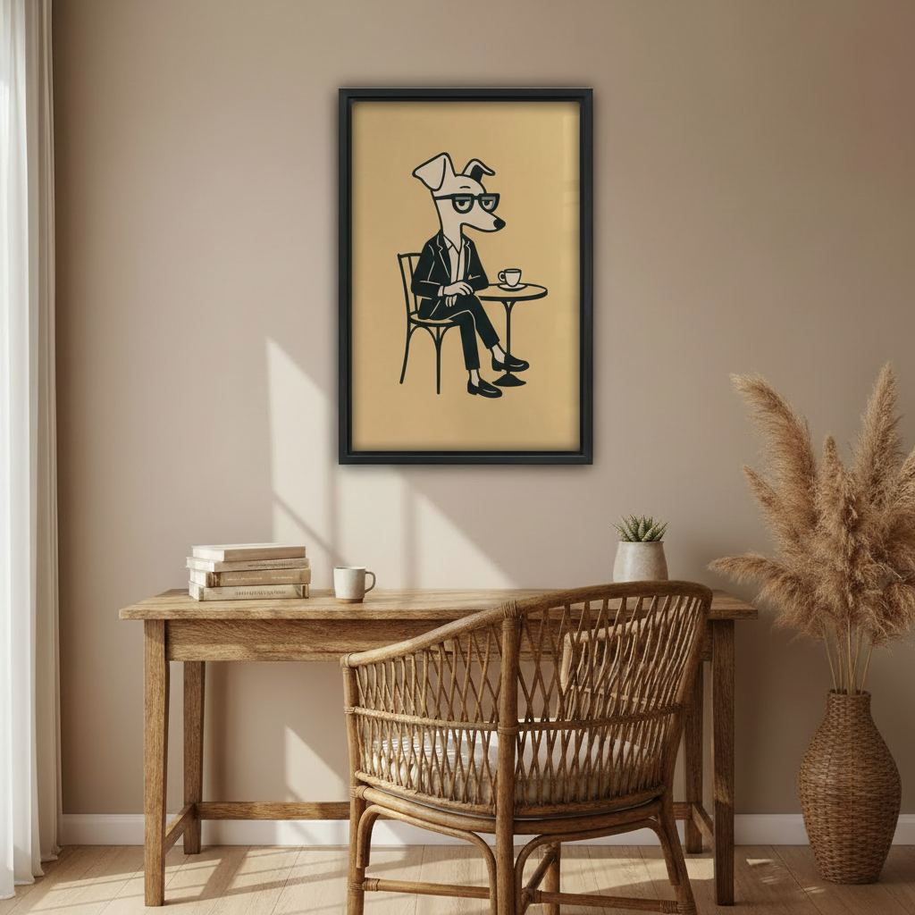 Stylish greyhound in suit drinking espresso cafe chair funny minimalist wall art print in black frame above rustic wood desk with rattan chair and pampas grass vase in boho home office

