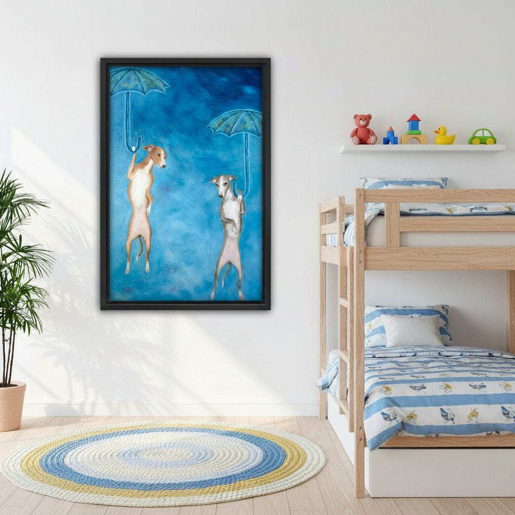Playful greyhound wall art for kids bedroom, two dogs with umbrellas, whimsical black framed canvas print