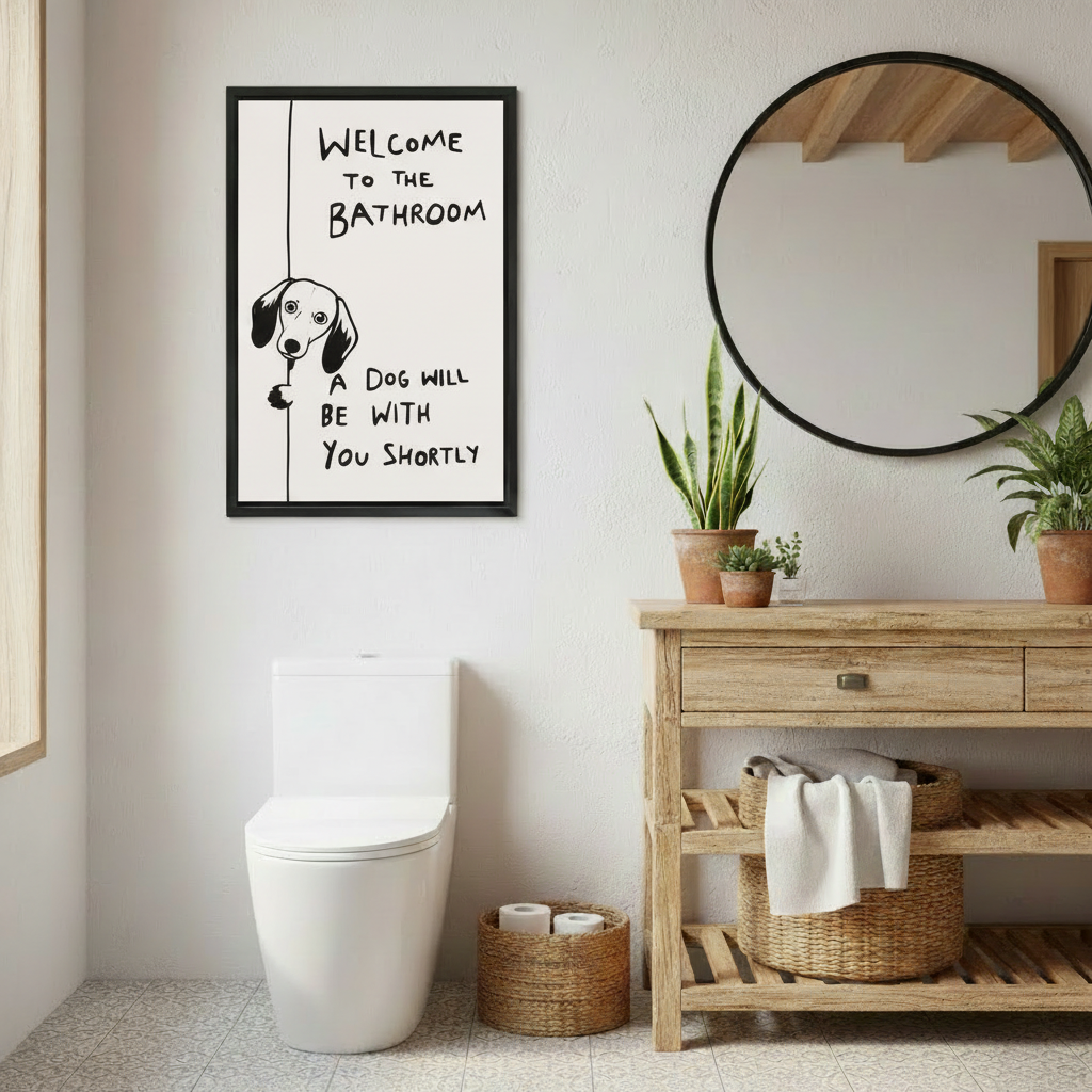 Funny dachshund bathroom wall art in rustic farmhouse bathroom, peeking wiener dog with humorous quote, black framed canvas print for farmhouse decor