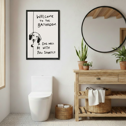 Funny dachshund bathroom wall art in rustic farmhouse bathroom, peeking wiener dog with humorous quote, black framed canvas print for farmhouse decor