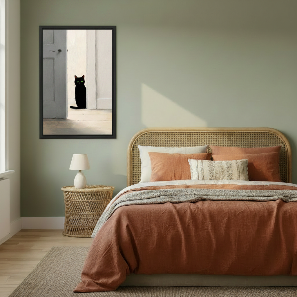 Serene black cat green eyes white door light shadow minimalist oil painting wall art print in black frame on sage green bedroom wall above rattan bed with terracotta linen bedding and wicker nightstand
