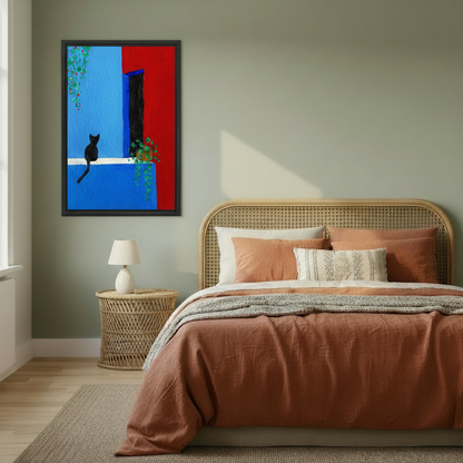 Black cat Mediterranean wall art in black frame, vivid blue and red color block with trailing vines, styled in a warm boho bedroom with sage green walls and rattan headboard
