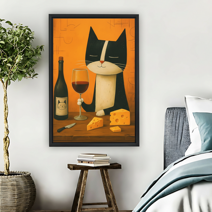 Tuxedo Cat Wine Cheese Retro Framed Canvas Wall Art| Liberty Signs #L1635