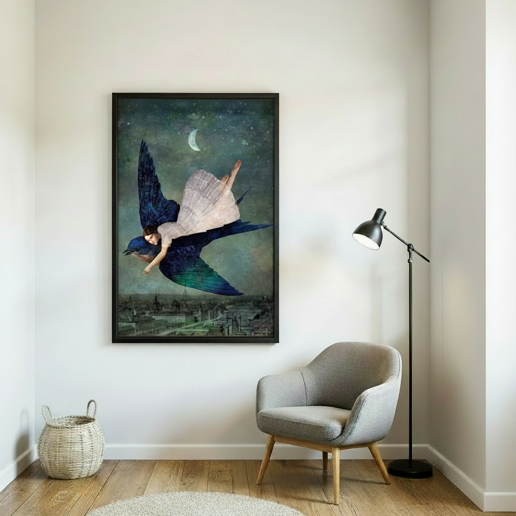 Night sky fantasy canvas print — woman in white gown carried by a bluebird under a crescent moon