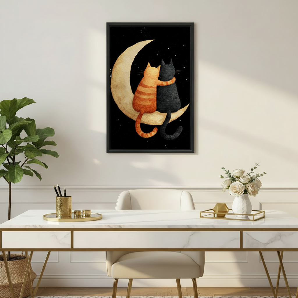 Two cats hugging on golden crescent moon starry night wall art print in black frame above marble gold-leg desk with white roses in elegant home office