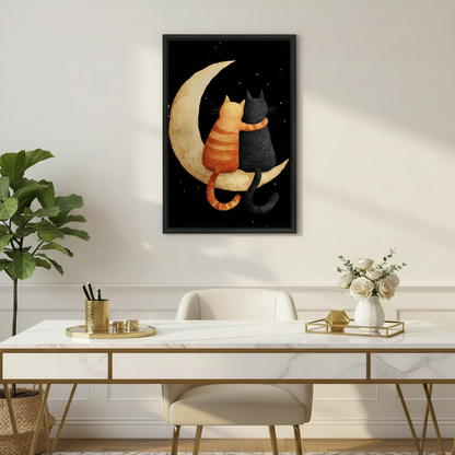 Two cats hugging on golden crescent moon starry night wall art print in black frame above marble gold-leg desk with white roses in elegant home office