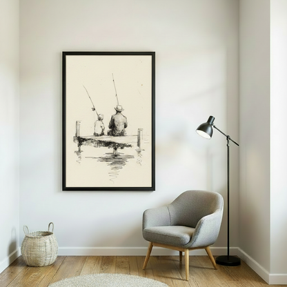 Dad and son fishing dock vintage charcoal drawing wall art print in black frame beside grey armchair with black floor lamp and wicker basket in Scandinavian reading nook