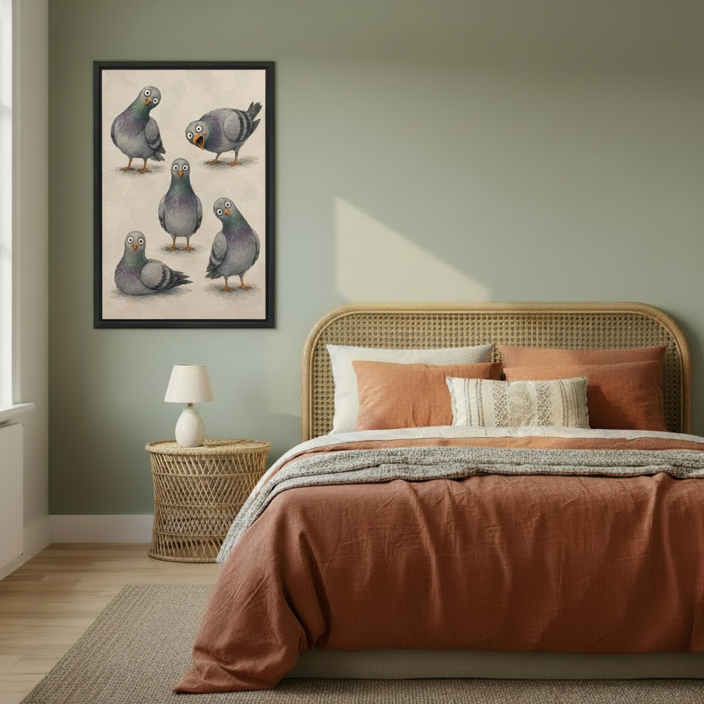 : Five funny pigeons framed wall art, black frame, whimsical vintage illustration on beige background, styled in a warm boho bedroom with sage green walls and rattan headboard