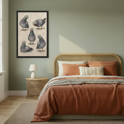 : Five funny pigeons framed wall art, black frame, whimsical vintage illustration on beige background, styled in a warm boho bedroom with sage green walls and rattan headboard