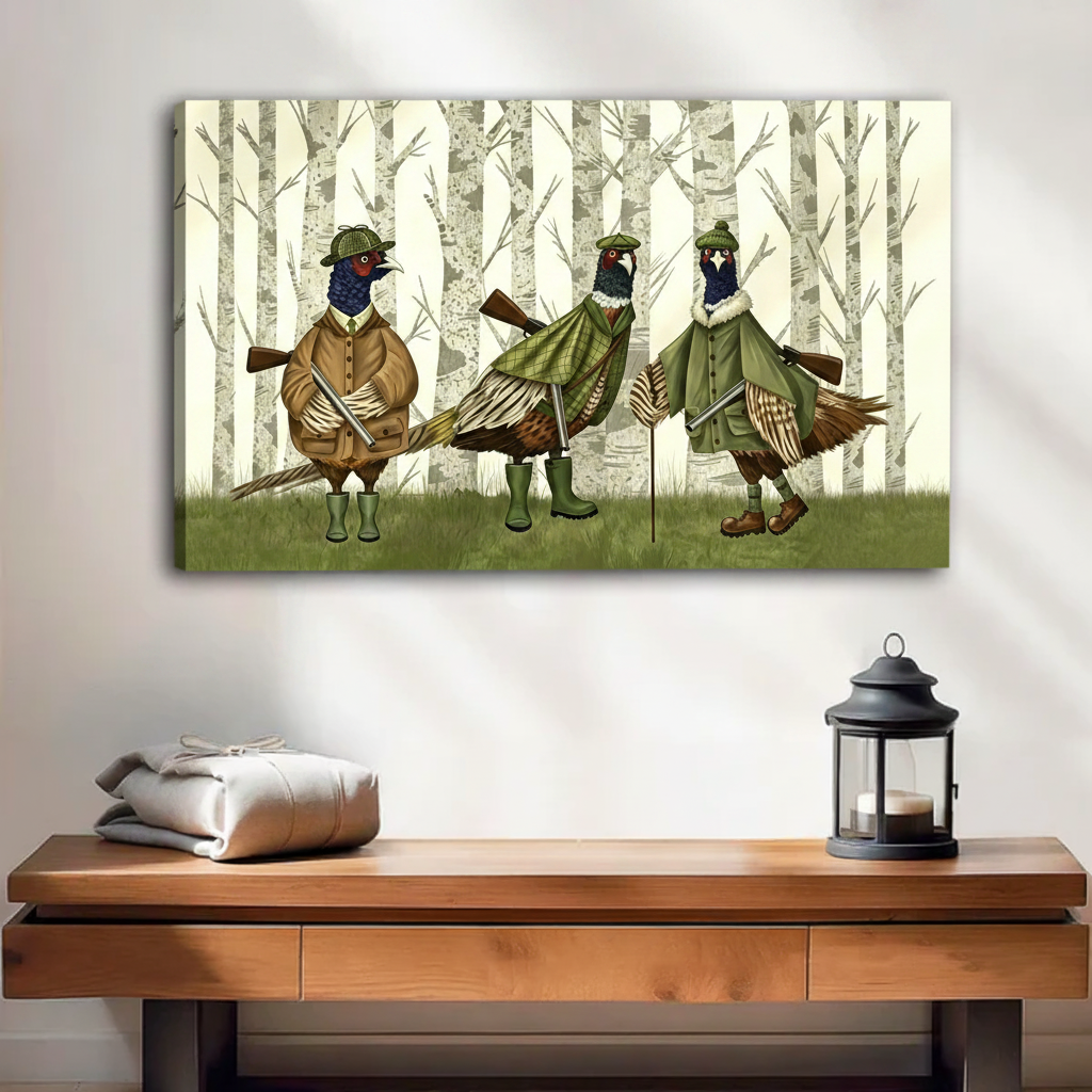 Three dressed pheasants in birch forest unframed gallery wrap canvas above wooden console table, whimsical hunter wall art