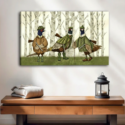 Three dressed pheasants in birch forest unframed gallery wrap canvas above wooden console table, whimsical hunter wall art