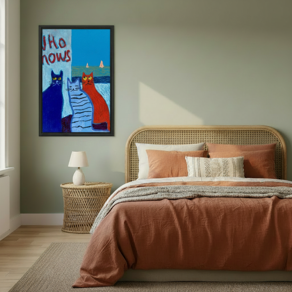 Three cats "Who Knows" framed wall art, black frame, bold blue oil painting style, styled in a warm boho bedroom with sage green walls and rattan headboard