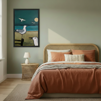 Seagull wall art for bedroom, two birds on beach under teal night sky with golden moon, black framed canvas print for boho bedroom decor