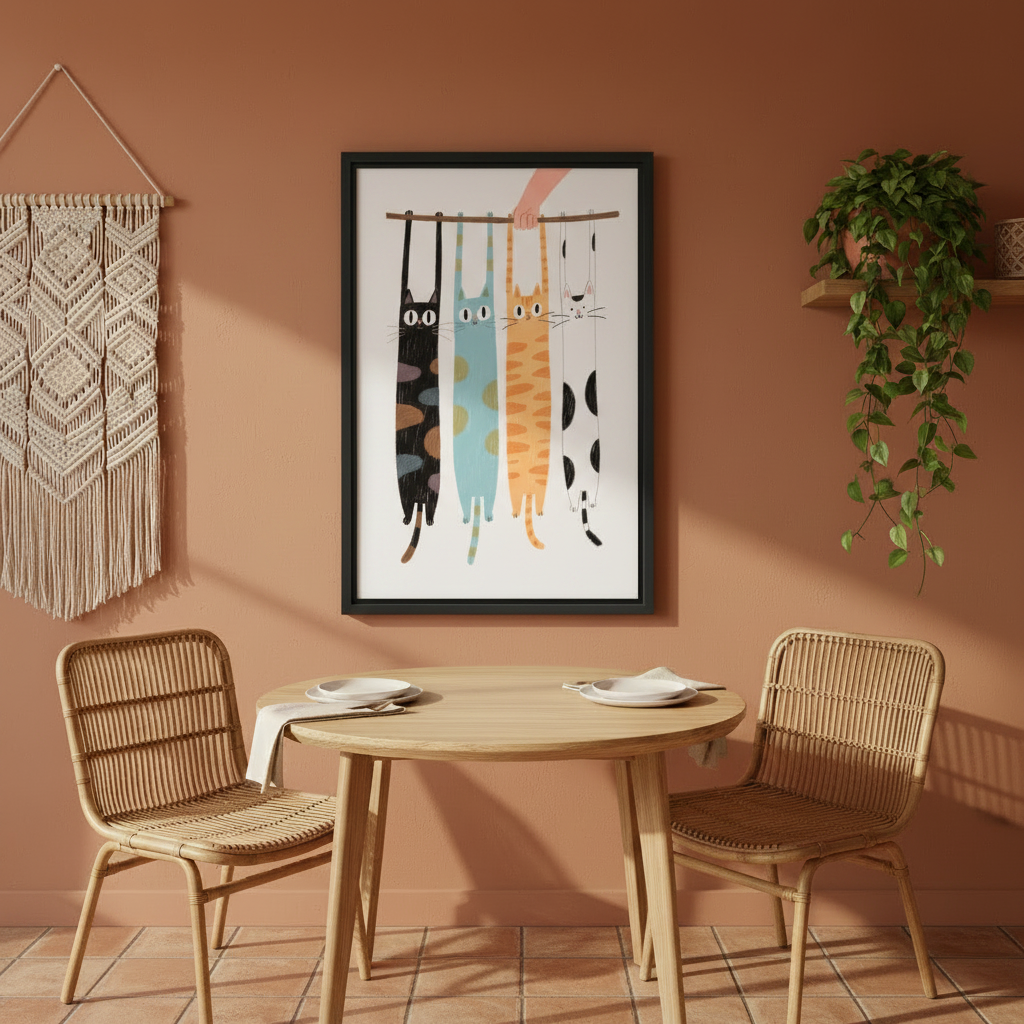 Cute four cats hanging from stick black orange tabby blue white funny wall art print in black frame on terracotta wall above rattan dining table and chairs with trailing ivy in boho dining room