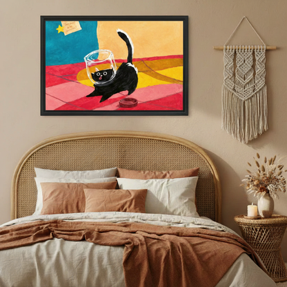 Playful black cat fishbowl wall art canvas, bright teal and red background