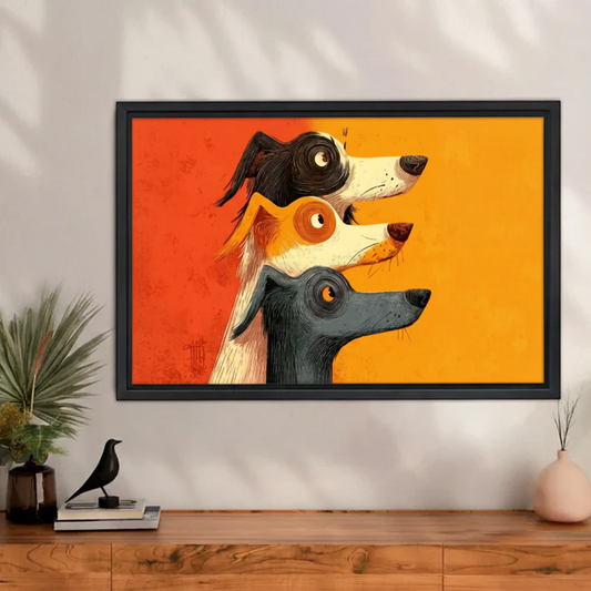 Three dogs stacked cartoon canvas wall art — bold orange and yellow background, funny dog illustration, black frame