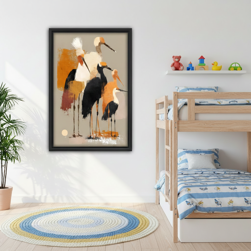 Abstract crane birds warm gold painterly canvas print displayed above bed in cozy modern bedroom