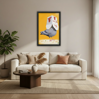 Quirky pigeon canvas wall art print for living room or dining room decor