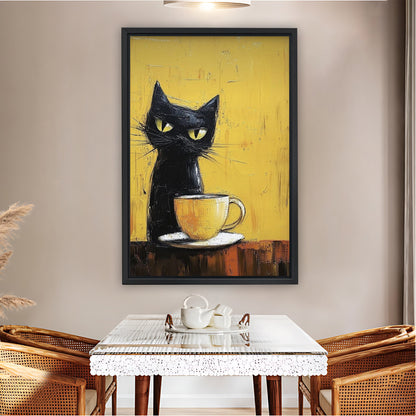 Black Cat with Coffee Cup on Yellow Background Wall Art|Liberty Signs #L832