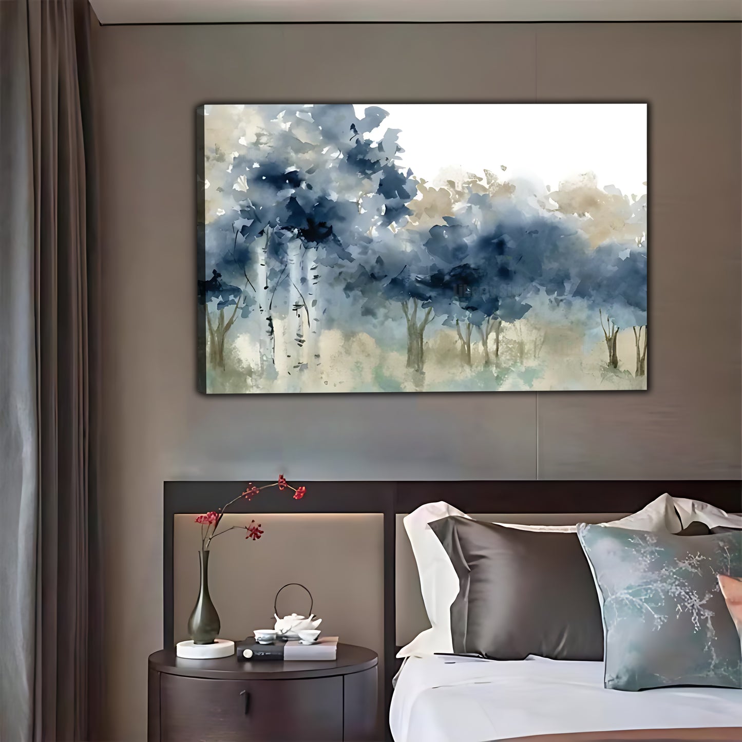 Abstract Watercolor Landscape Canvas - Blue Misty Forest Wall Art|Liberty Signs #L360