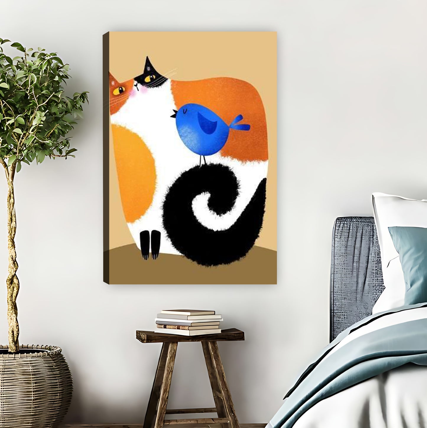 Calico Cat with Blue Bird Whimsical Wall Art Print|Liberty Signs #L870