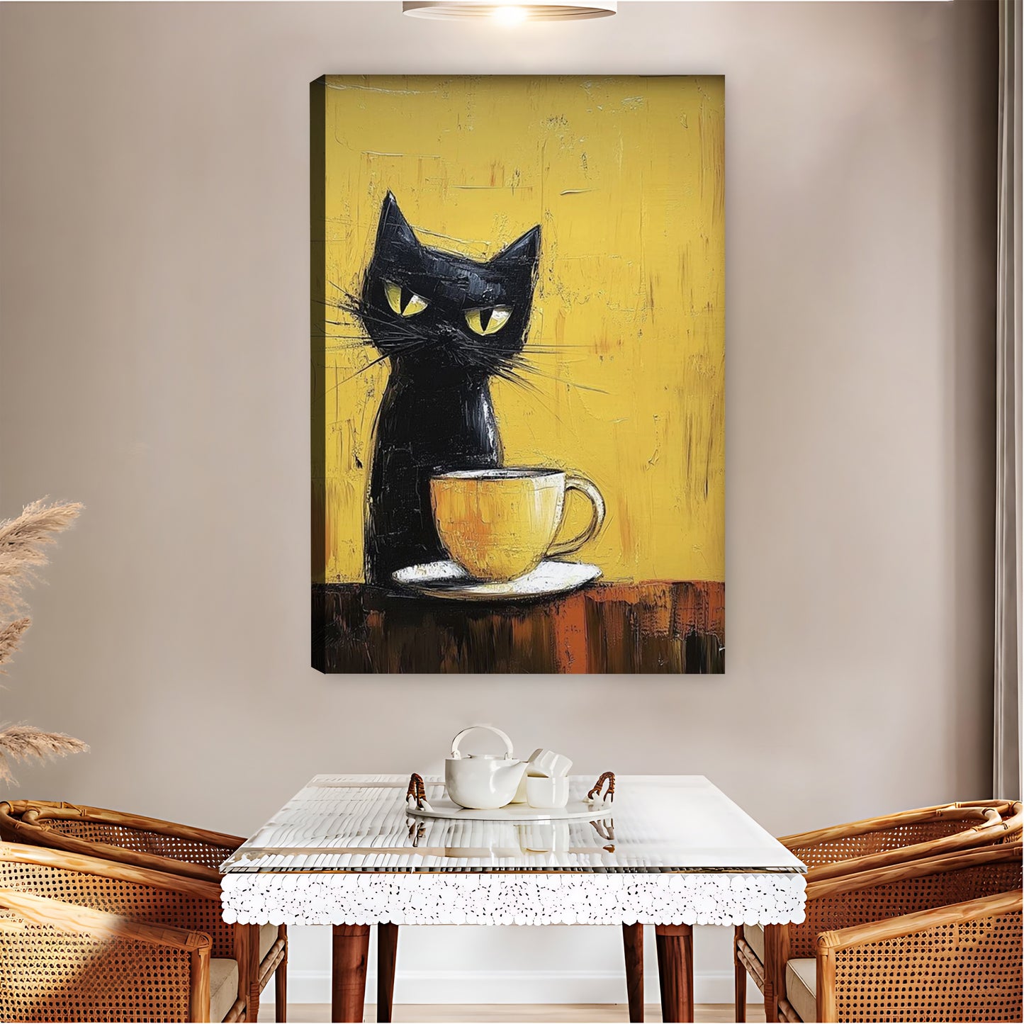 Black Cat with Coffee Cup on Yellow Background Wall Art|Liberty Signs #L832