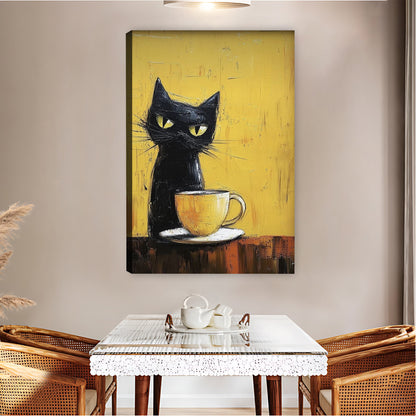 Black Cat with Coffee Cup on Yellow Background Wall Art|Liberty Signs #L832