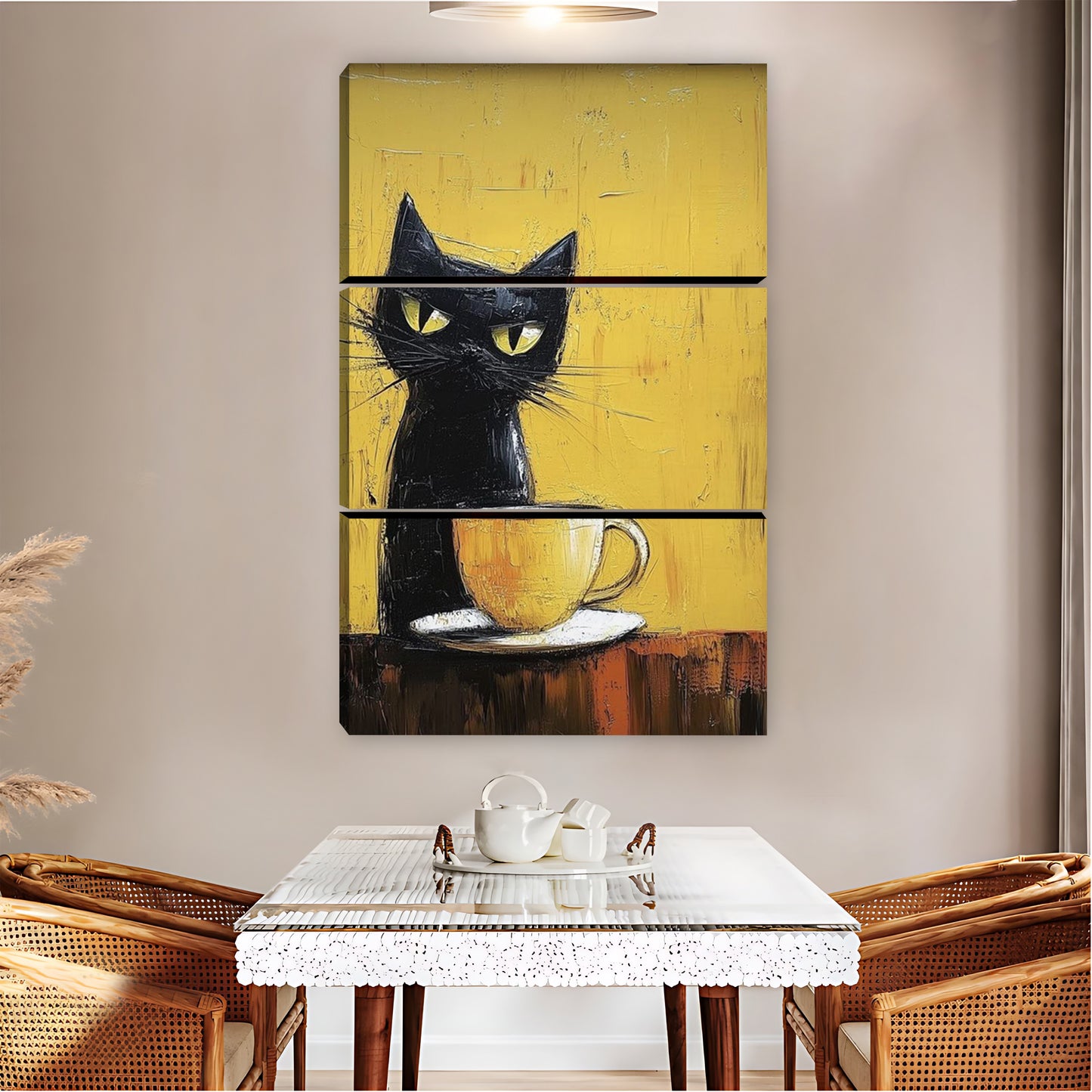 Black Cat with Coffee Cup on Yellow Background Wall Art|Liberty Signs #L832
