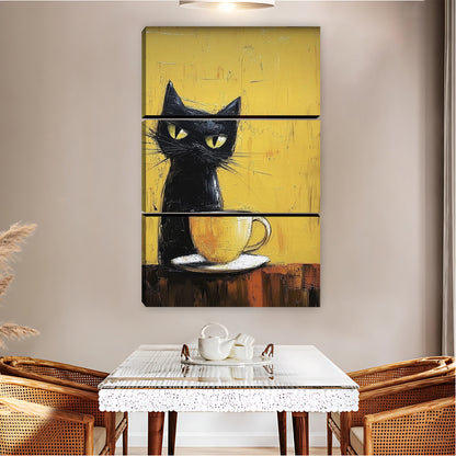 Black Cat with Coffee Cup on Yellow Background Wall Art|Liberty Signs #L832