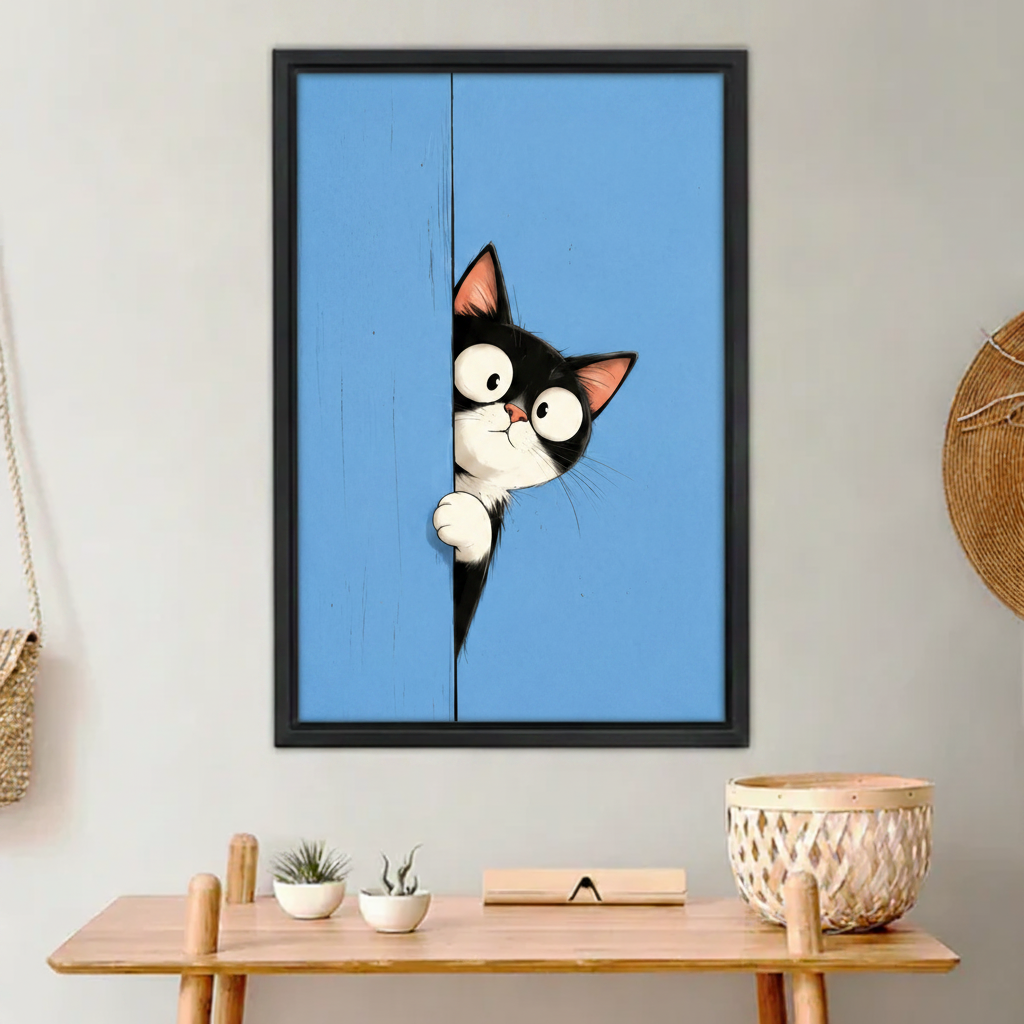 Peeking tuxedo cat framed canvas wall art print on blue background above wooden desk