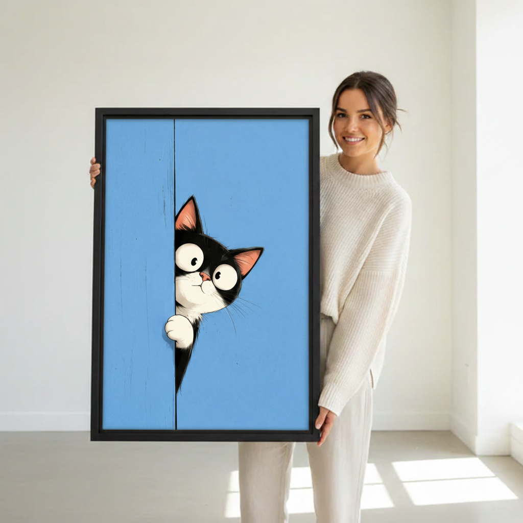 Woman holding peeking tuxedo cat framed canvas wall art print blue background