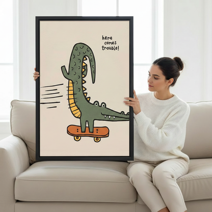 Funny crocodile on skateboard framed wall art print — whimsical kids room illustration on beige background