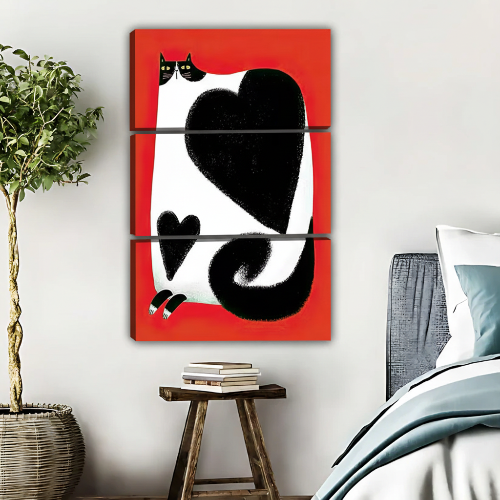 Whimsical Cat Lover Wall Art with Heart Patterns & Red Background|Liberty Signs #L502