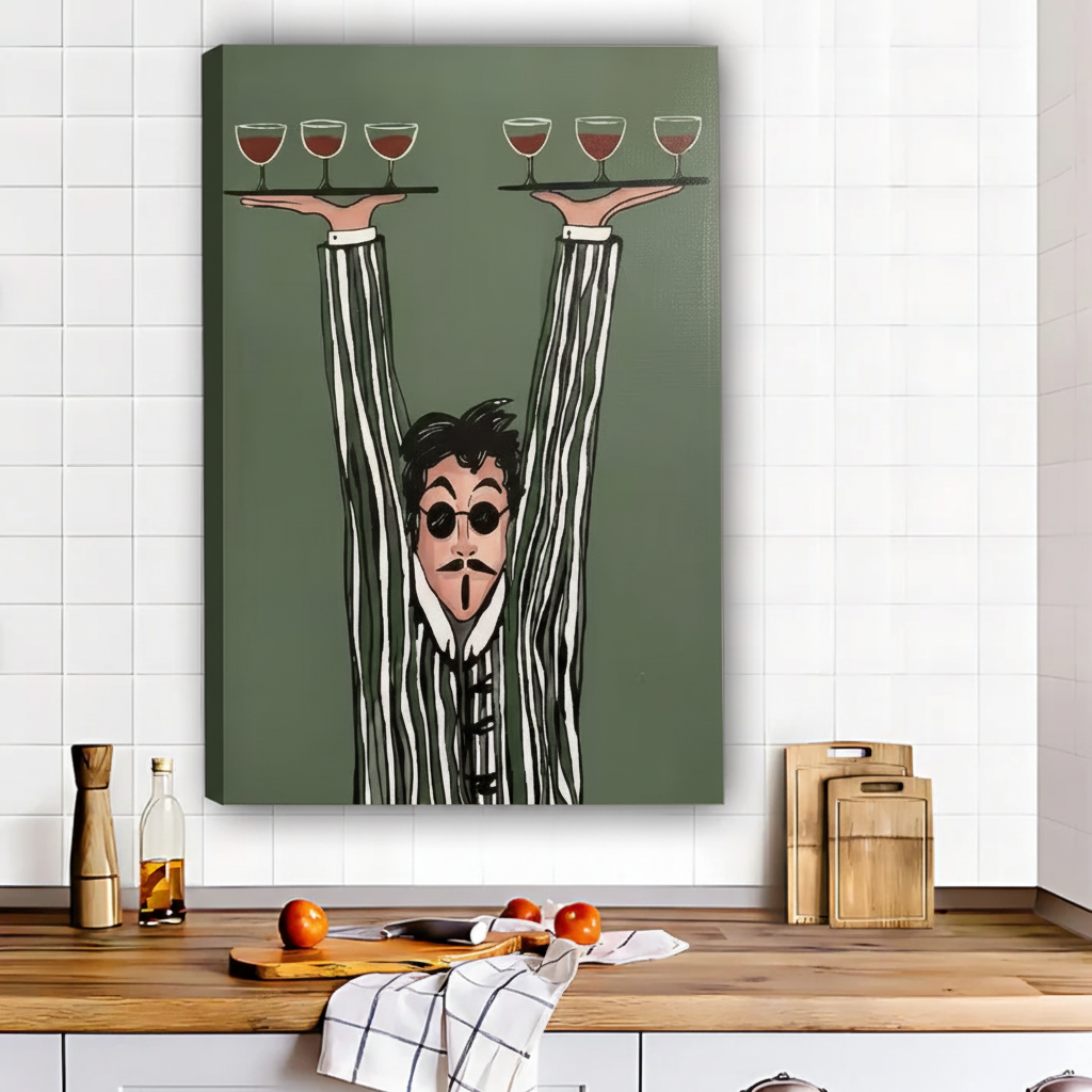 Retro Waiter with Wine Glasses Kitchen Wall Art Print|Liberty Signs #L559