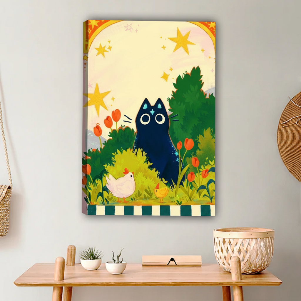 Blue Cat in Flower Garden with Chickens Wall Decor|Liberty Signs #L646