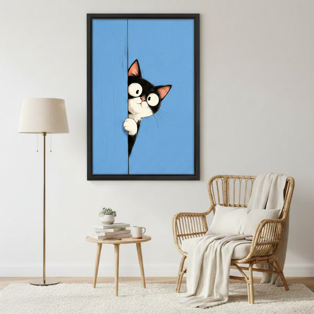 Funny tuxedo cat framed wall art hanging in modern living room above sofa