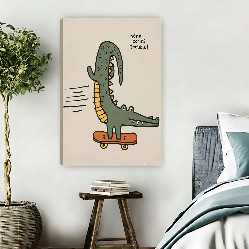 Here comes trouble skateboard crocodile kids wall art print — bold cartoon illustration in black frame for playroom decor