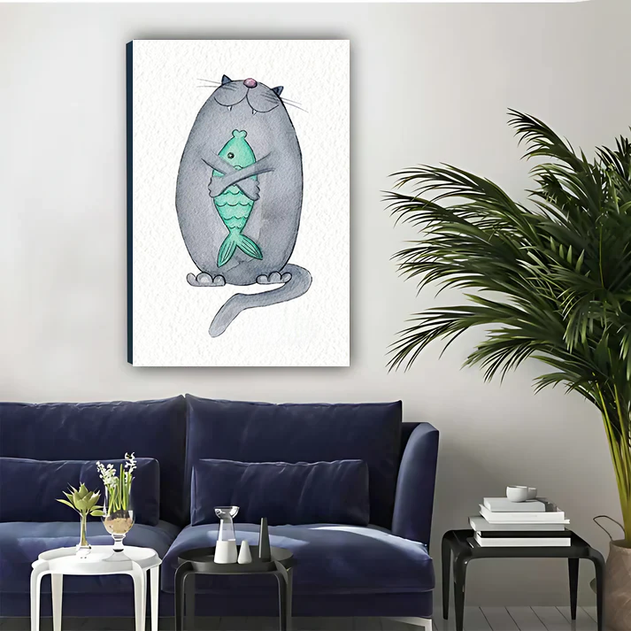 Chubby Cat Hugging a Fish — Funny Watercolor Wall Art| Liberty Signs#L955