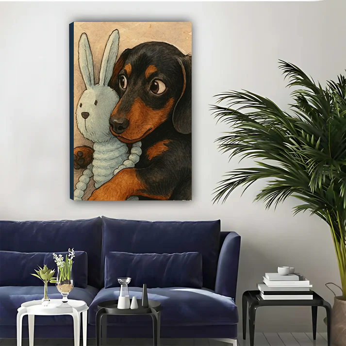 Dachshund Hugging Bunny Toy — Cute Dog Wall Art Print| Liberty Signs#L949
