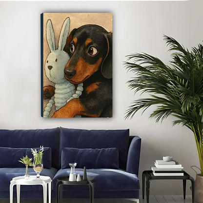 Dachshund Hugging Bunny Toy — Cute Dog Wall Art Print| Liberty Signs#L949