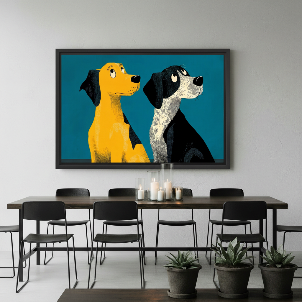 Dog lover gift canvas print — retro two dogs looking up illustration, bold teal tones, unique wall art for any room