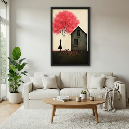 Red Tree Girl Cat Minimalist Canvas Wall Art l2623