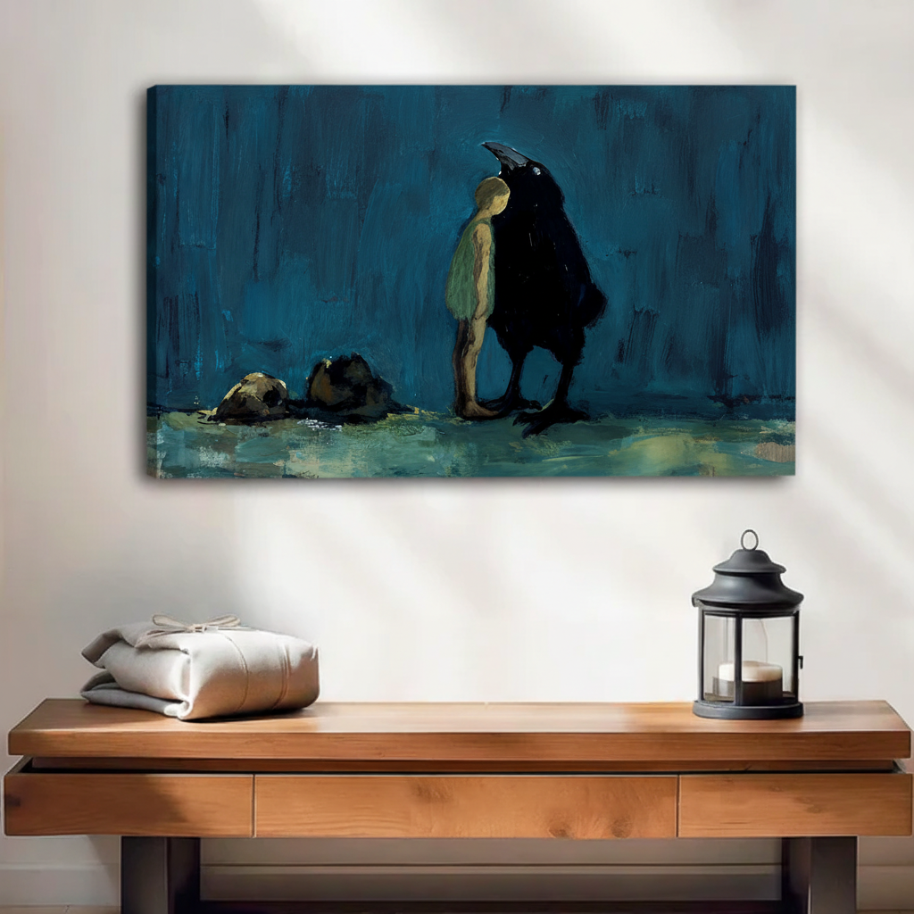 Dark surreal boy and raven unframed canvas art print, gothic moody teal oil painting home decor