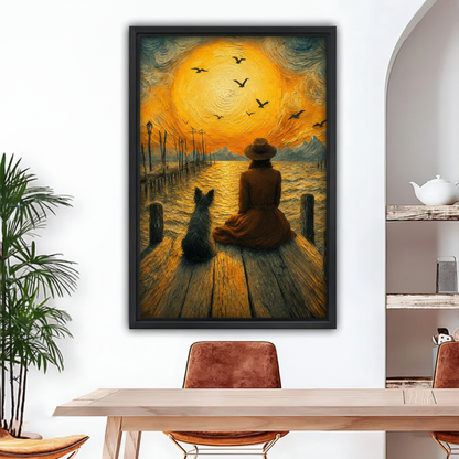Van Gogh style framed canvas print of woman and dog sitting on dock at golden sunset – impasto oil wall art
