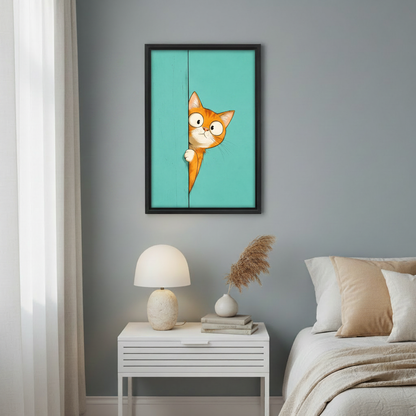 Funny cat wall art print in black frame above bedroom nightstand