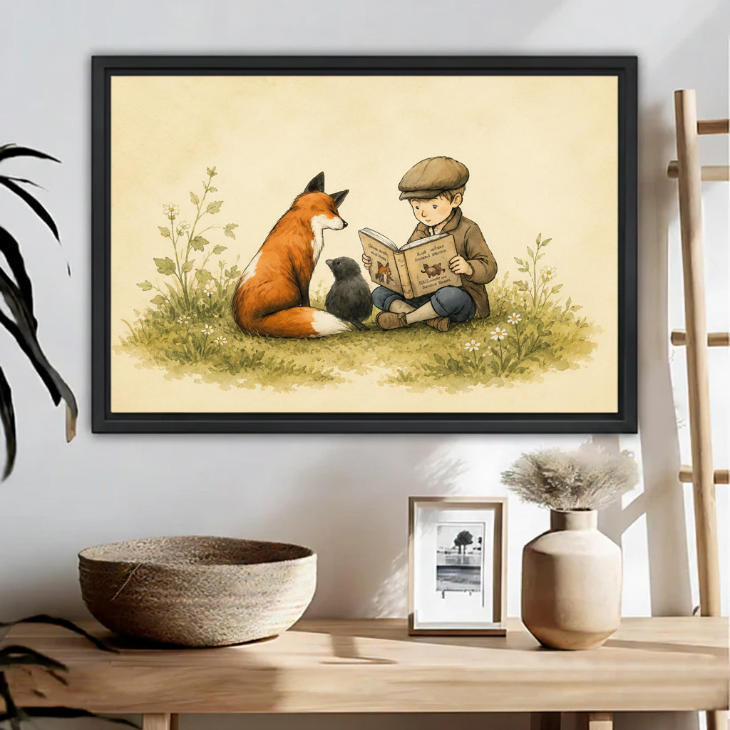 Charming watercolor boy and fox canvas wall art in kids room