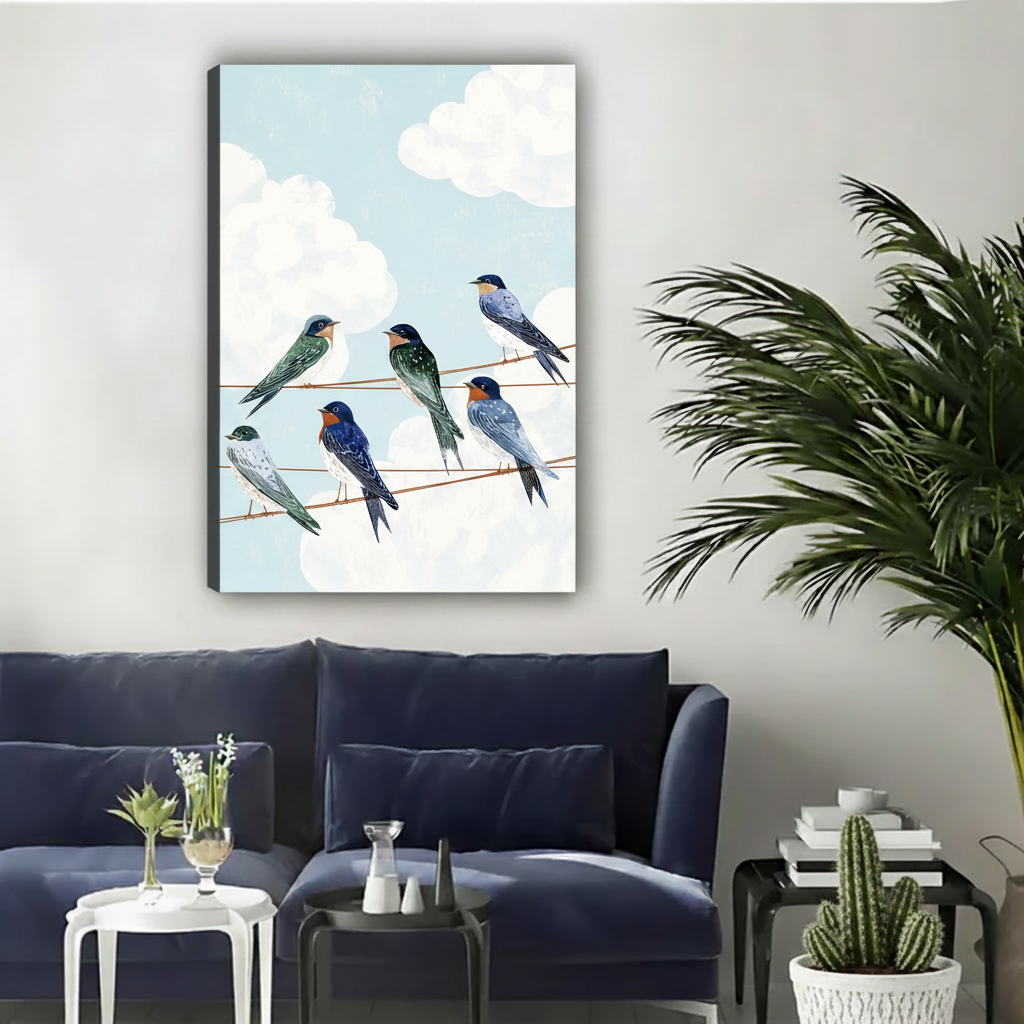 Gallery wrap illustrated swallows on wire canvas print in cozy bedroom with wooden stool